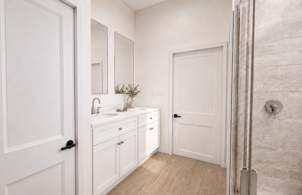 Bath with a white vanity and light wood floors