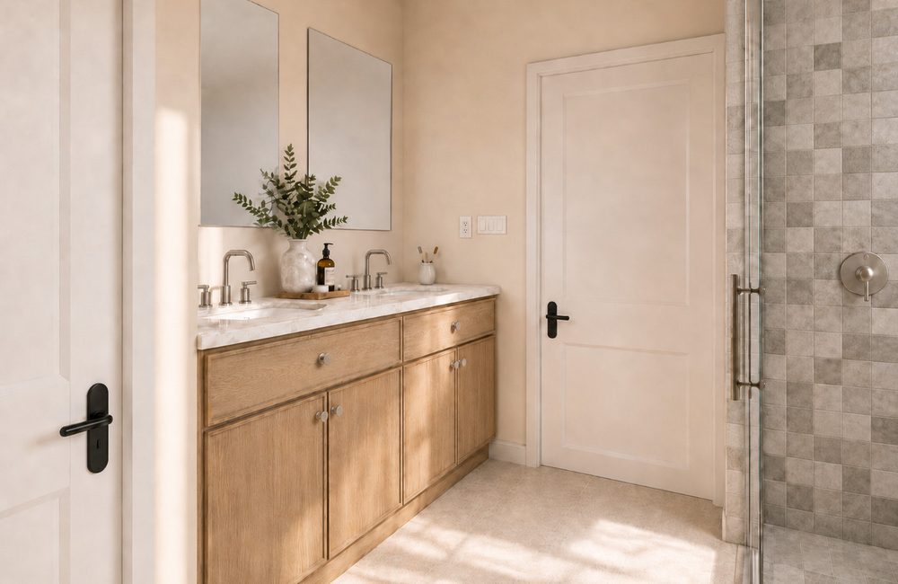 Bath with an oak double vanity and stone-look tile