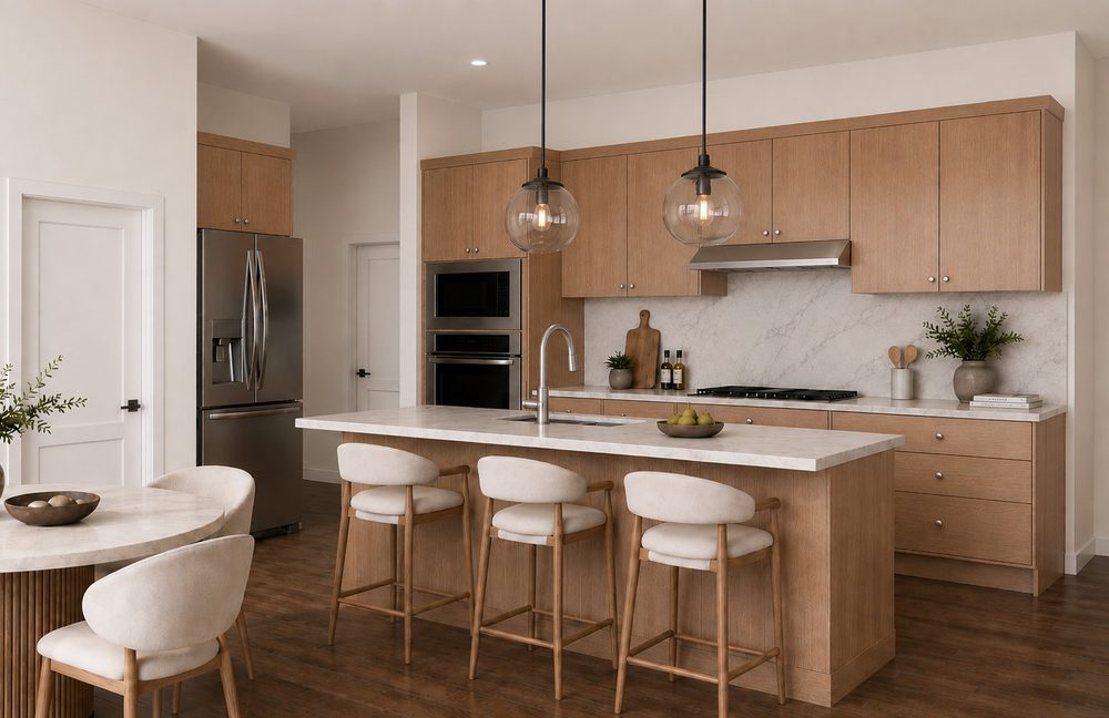 Kitchen with oak cabinetry and a marble-look island