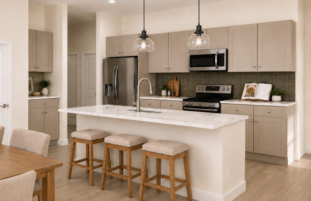 Kitchen with taupe shaker cabinets and a tile backsplash