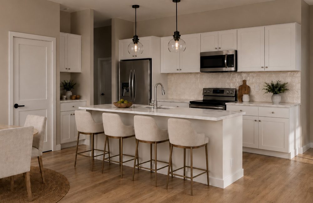 Kitchen with white shaker cabinets and glass pendants